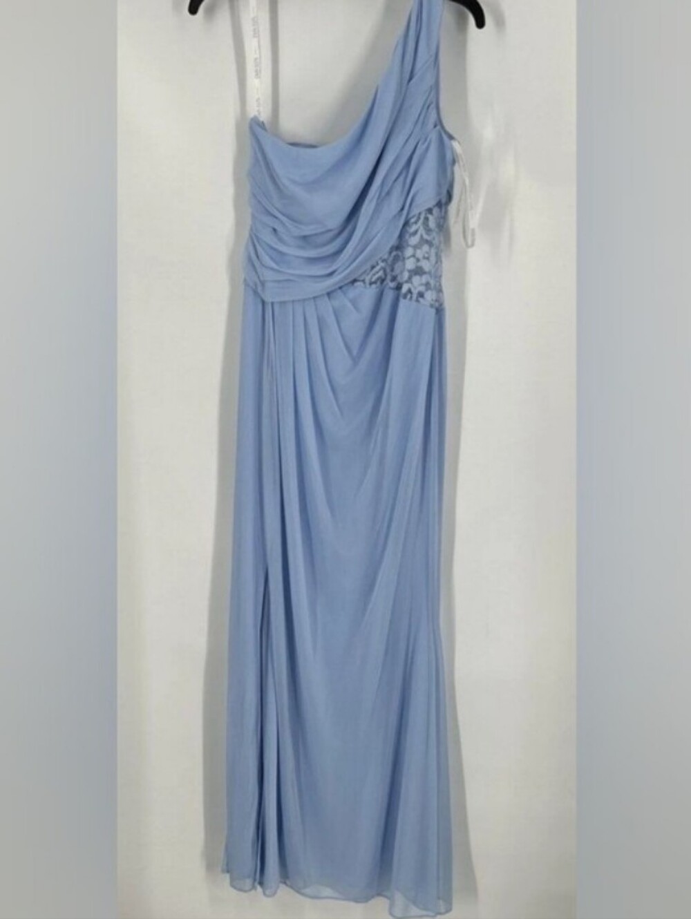 David's Bridal Long Bridesmaid Dress Ice Blue 1-Shoulder Mesh with Lace Inset 12